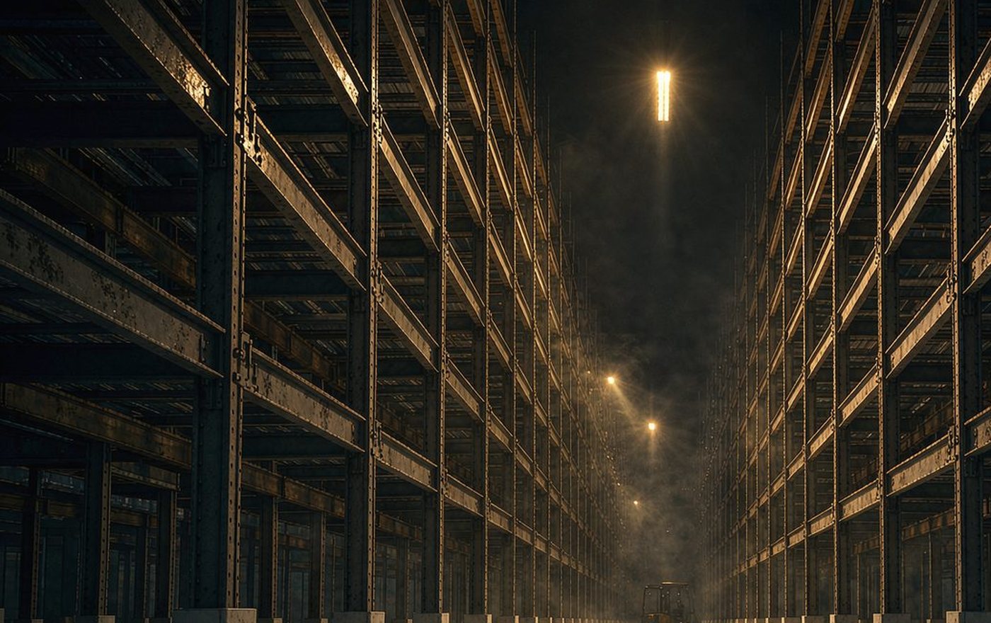 Tall steel warehouse racking aisle lit by a single overhead light