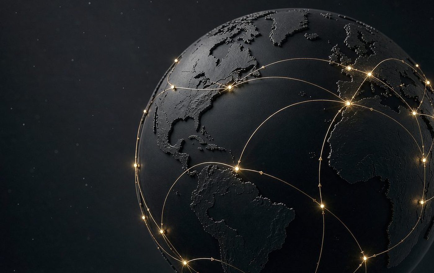 Dark globe showing golden trade routes connecting continents